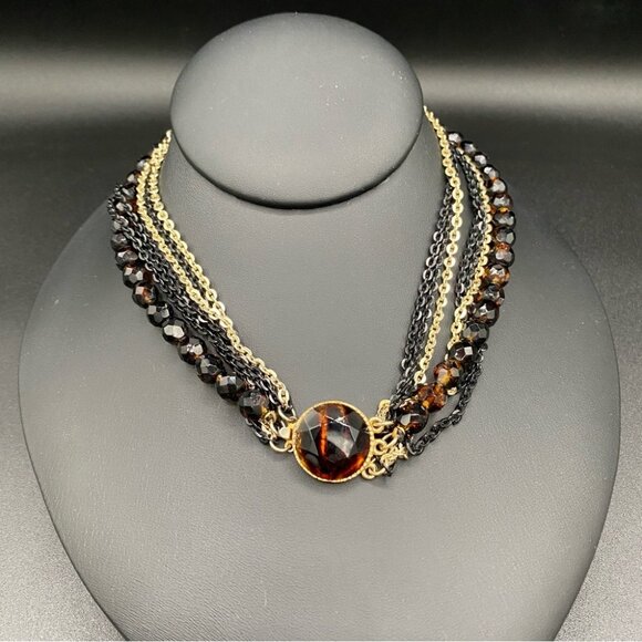 Vintage Brown Glass Multistrand Necklace in Black and Gold Chain - Picture 7 of 7